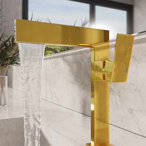 BASSINO Stylish Bathroom Faucet with Single Lever-Waterfall Bathroom Basin Faucet of Brass - Hot and Cold Water Mixer-10 INCH,Gold Finish