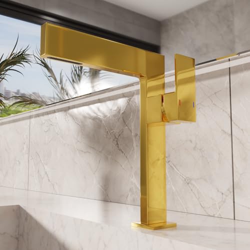 BASSINO Stylish Bathroom Faucet with Single Lever-Waterfall Bathroom Basin Faucet of Brass - Hot and Cold Water Mixer-10 INCH,Gold Finish