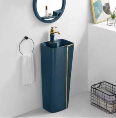 Bassino Ceramic Pedestal Free Standing Wash Basin For Living Room and Bathroom (430X370X840 MM, AQUA GREEN & GOLD) BPB-529