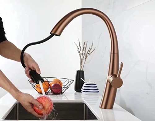 Brass Kitchen Faucet Luxury Design Pull Out Kitchen Faucet Tap Single Hole 360° Rotatable/Dual Water Flow System Kitchen Sink Tap Faucet (Rose Gold) BTT-2106