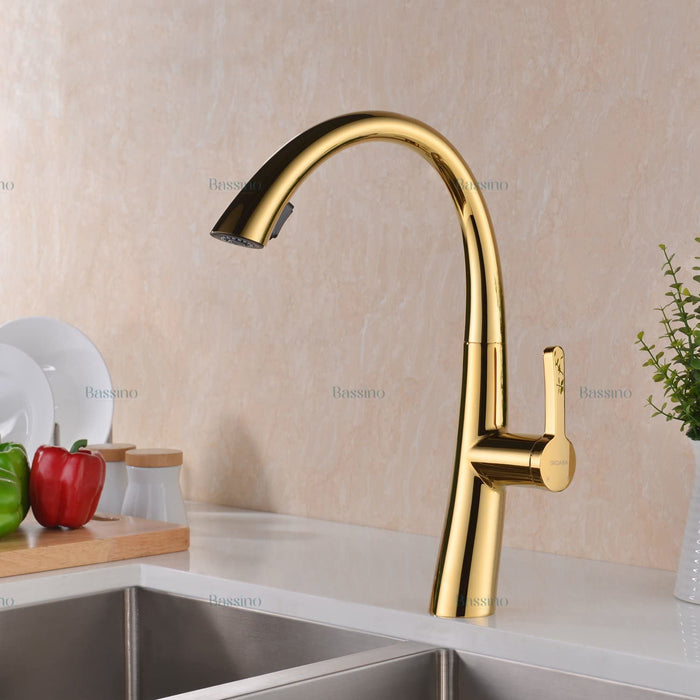 Brass Kitchen Faucet Luxury Design Pull Out Kitchen Faucet Tap Single Hole 360° Rotatable/Dual Water Flow System Kitchen Sink Tap Faucet (Gold) BTT-2104