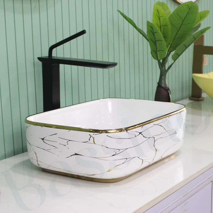 BASSINO Art Ceramic Wash Basin for Bathroom, Living Room, Hall, Dinning Room/Decorative Tabletop Sink for Kitchen/Countertop Vessel Sink for Hotels-white gold, (16x12x5.5 Inch)