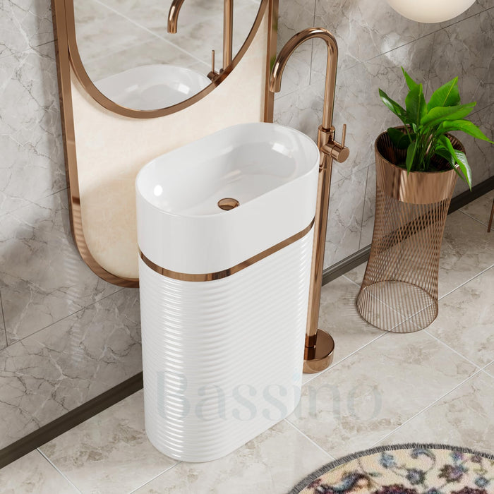 BASSINO Ceramic Free Standing Pedestal Wash Basin For Living Room and Bathroom,Home & Office Basin (510X355X830 MM, White-Glossy) BPB-743