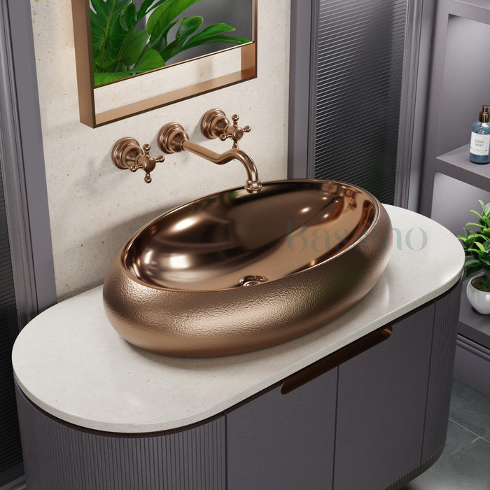 BASSINO Ceramic Wash Basin Rosegold Table Top Washbasin Countertop Vessel Sink for Bathroom Kitchen Dining Living Room Modern Ceramic Basin Solid Surface Installation 24x16x6 Inch (BTT-1054)
