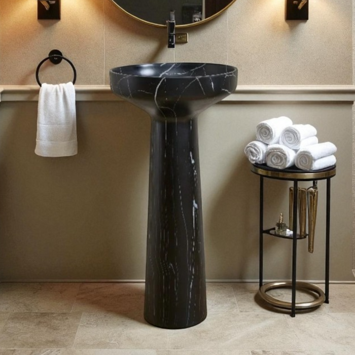 Sleek Artificial Marble|Black Matt Marble Pedestal Basin(18x18x34)