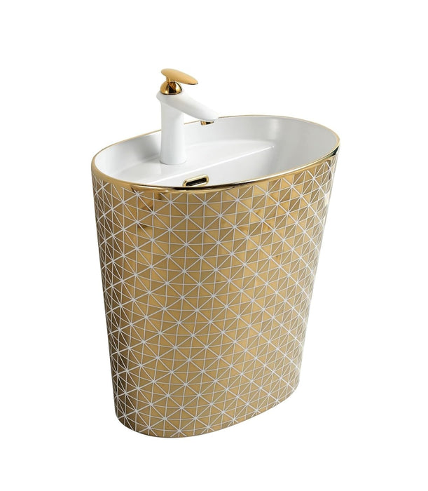 BASSINO Ceramic Half Pedestal, Wall Mount Wash Basin For Living Room and Bathroom,Home & Office Basin (450x350x480 MM, White,Rosegold-Glossy) BPB-545