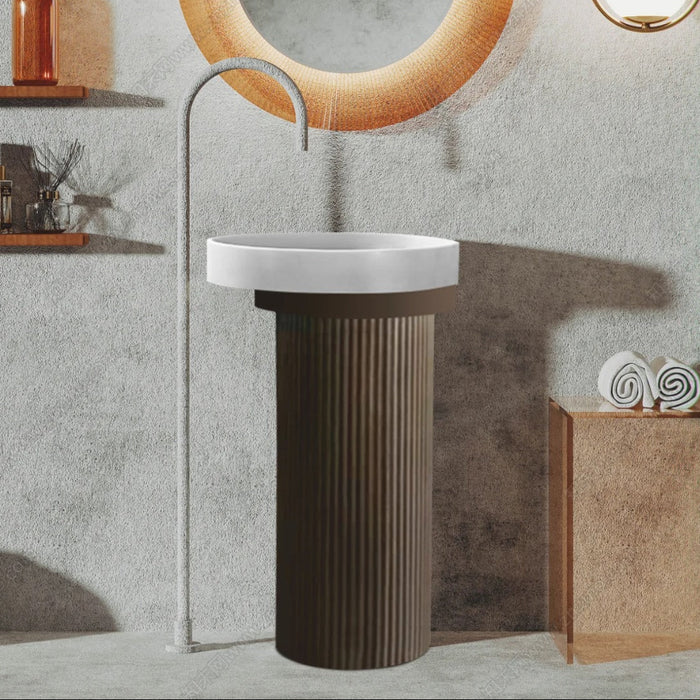 BASSINO Ceramic Pedestal Free Standing Wash Basin For Living Room and Bathroom,Home & Office Basin (500X500X860 MM, White & Brown-Matt) BPB-637