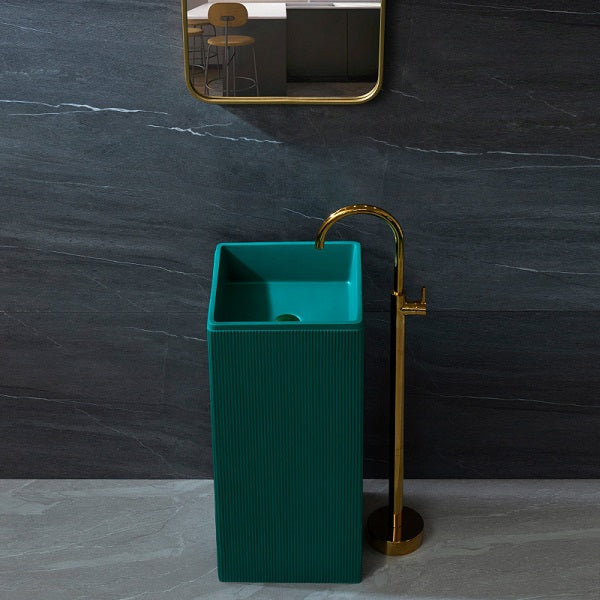 BASSINO Ceramic Pedestal Free Standing Wash Basin For Living Room and Bathroom,Home & Office Basin (400X400X860 MM, Green-Matt) BPB-774