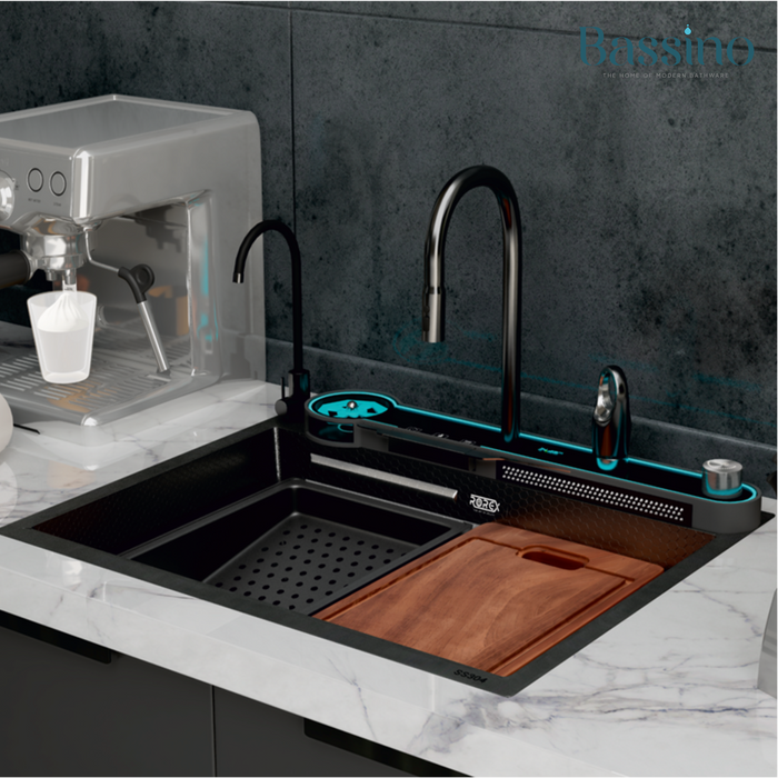 Bassino Premium Smart Kitchen Sink – 304 Stainless Steel | Piano Switch Control | Black PVD Coated | Pull-Out Faucet | Cup Washer | RO Tap | Drainage Knob | 24x18x9 Inches | 25 Years warranty