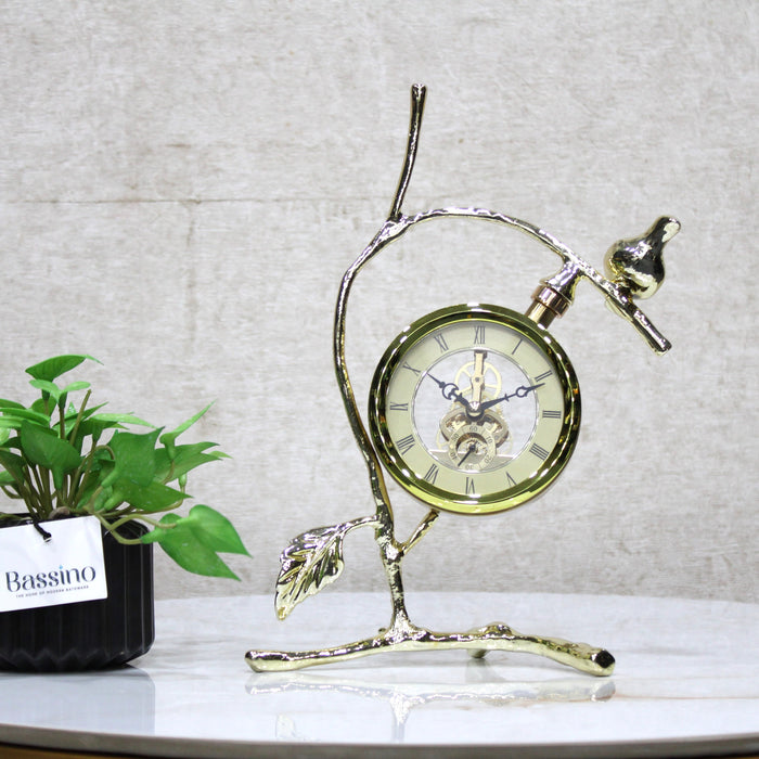 Elegant Golden Branch Table Clock with Bird Design – Roman Numerals & Exposed Gears 10.5 Inch (BSP-8161)