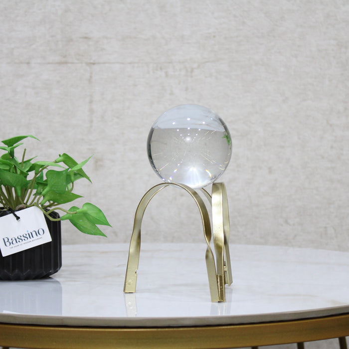 Modern Crystal Orb Decor with Gold Metal Stand – Contemporary Accent Piece 7 Inch