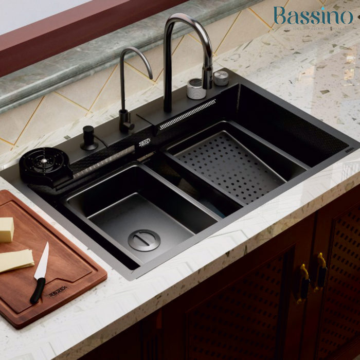 Bassino Premium Smart Kitchen Sink – 304 Stainless Steel | Black PVD Coated | Pull-Out Faucet | Cup Washer | RO Tap | Drainage Knob (30x18x9 Inch)