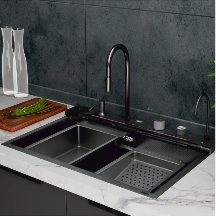 Bassino Premium Smart Kitchen Sink – 304 Stainless Steel | Piano Switch Control | Black PVD Coated | Pull-Out Faucet | Cup Washer | RO Tap | Drainage Knob | 30x18x9