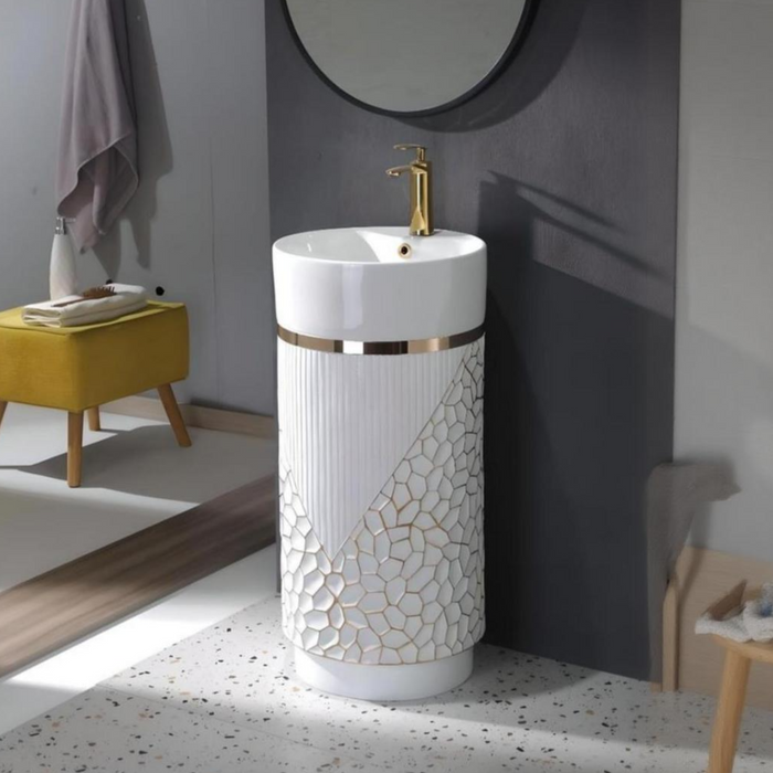 BASSINO Ceramic Pedestal Free Standing Wash Basin For Living Room and Bathroom,Home & Office Basin (400X400X830 MM, White & Gold-Glossy) BPB-783