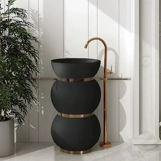 BASSINO Ceramic Pedestal Free Standing Wash Basin For Living Room and Bathroom,Home & Office Basin (462X462X860 MM, Black,Gold-Matt) BPB-624