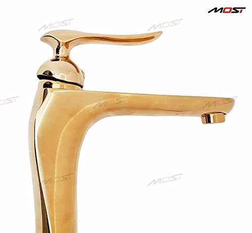 BASSINO Stylish Bathroom Faucet with Single Lever - Waterfall Bathroom Basin Faucet of Brass - Hot and Cold Water Mixer Antique Tap for Bathroom 12 Inches -Golden