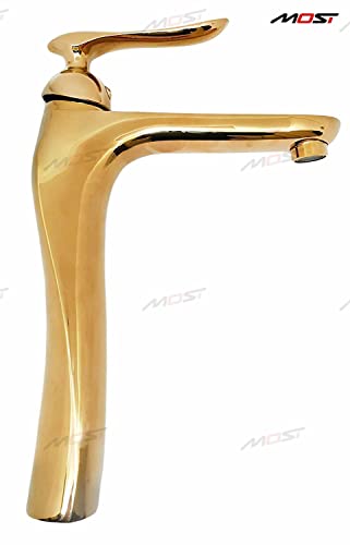 BASSINO Stylish Bathroom Faucet with Single Lever - Waterfall Bathroom Basin Faucet of Brass - Hot and Cold Water Mixer Antique Tap for Bathroom 12 Inches -Golden