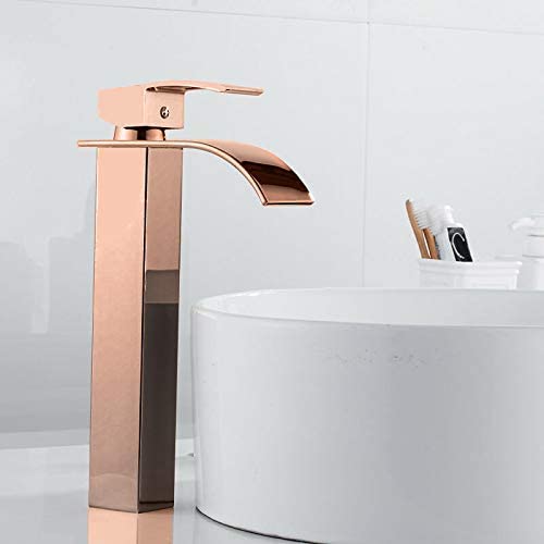 MOST Stylish Bathroom Faucet with Single Lever - Waterfall Bathroom Basin Faucet of Brass - Hot and Cold Water Mixer Antique Tap for Bathroom 12 Inches - (Rose Gold 5)