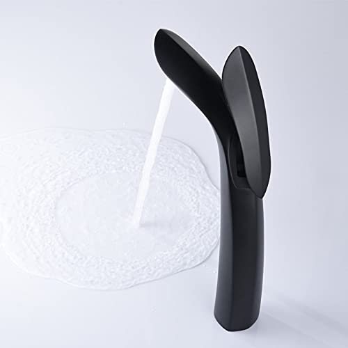 BASSINO Extended Body Brass Bathroom Sink Wash Basin Mixer Tap Single Handle Hot & Cold Waterfall Lavatory Sink Faucet for Living Room & Bathrooms (Black)