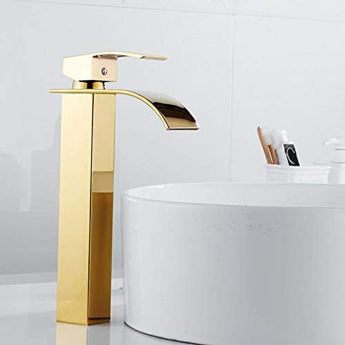 MOST Stylish Bathroom Faucet with Single Lever - Waterfall Bathroom Basin Faucet of Brass - Hot and Cold Water Mixer Antique Tap for Bathroom 12 Inches - (Golden Square)