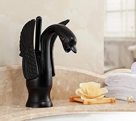 BASSINO Brass Black Swan Shape Bathroom Sink Wash Basin Mixer Tap Single Handle Hot & Cold Waterfall Lavatory Sink Faucet for Living Room & Bathroom (BTT-2052, 8 INCH)