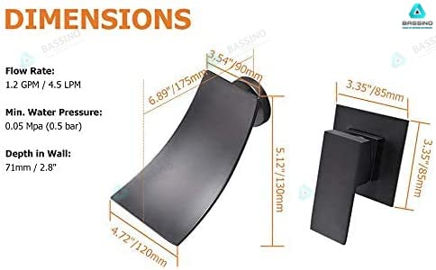 BASSINO Black Matt Waterfall Faucet tap Wall Mount Brass Basin Mixer,Wall Mixer Sink Mixer, hot and Cold Black Color faucets Tap (BTT-2068)(Black MATT)