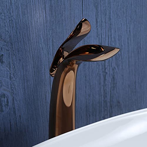 BASSINO Extended Body Brass Bathroom Sink Wash Basin Mixer Tap Single Handle Hot & Cold Waterfall Lavatory Sink Faucet for Living Room & Bathrooms (Rose-Gold)