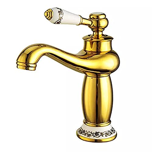BASSINO Small Size Brass Bathroom Sink Wash Basin Mixer Tap Single Handle Hot & Cold Waterfall Lavatory Sink Faucet for Living Room & Bathrooms (Gold)