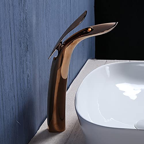 BASSINO Extended Body Brass Bathroom Sink Wash Basin Mixer Tap Single Handle Hot & Cold Waterfall Lavatory Sink Faucet for Living Room & Bathrooms (Rose-Gold)