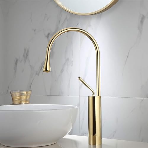 BASSINO Stylish Bathroom Faucet with Single Lever - Waterfall Bathroom Basin Faucet of Brass - Hot and Cold Water Mixer Antique Tap for Bathroom 15 Inches - (Gold)