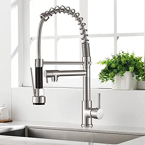 BASSINO Kitchen Faucet with Pull Down Sprayer,Pro-Style Spring Sprayer SS 304 Pull-Down Kitchen Sink Faucet Tap (BTT-2003), Metal, Gold, Polished