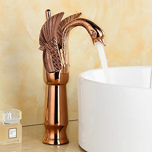 BASSINO Brass Rose Gold Swan Shape Bathroom Sink Wash Basin Mixer Tap Single Handle Hot & Cold Waterfall Lavatory Sink Faucet for Living Room & Bathroom (BTT-2046, 12 INCH)