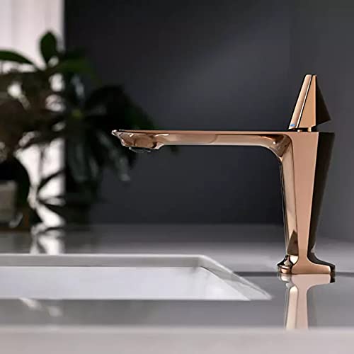 BASSINO Small Size Brass Bathroom Sink Wash Basin Mixer Tap Single Handle Hot & Cold Waterfall Lavatory Sink Faucet for Living Room & Bathrooms (Rose Gold)