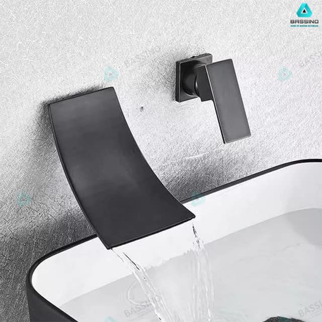 BASSINO Black Matt Waterfall Faucet tap Wall Mount Brass Basin Mixer,Wall Mixer Sink Mixer, hot and Cold Black Color faucets Tap (BTT-2068)(Black MATT)