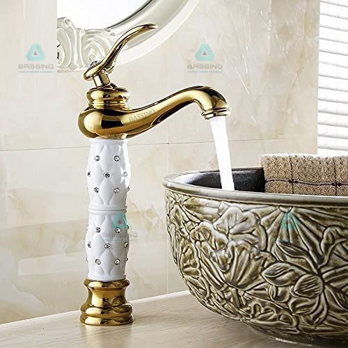 BASSINO Stylish Bathroom Faucet with Single Lever -Bathroom Basin Faucet of Brass - Hot and Cold Water Mixer Tap for Bathroom (Gold) BTT_2012