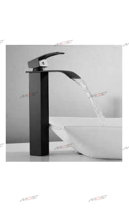 BASSINO Stylish Bathroom Faucet with Single Lever - Waterfall Bathroom Basin Faucet of Brass - Hot and Cold Water Mixer Antique Tap for Bathroom 12 Inches - (Black Square)