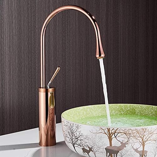 BASSINO Stylish Bathroom Faucet with Single Lever - Waterfall Bathroom Basin Faucet of Brass - Hot and Cold Water Mixer Antique Tap for Bathroom 14 Inches - (Rose Gold)