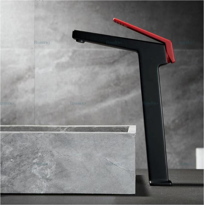 BASSINO Brass Modern Extended Tall Body Hot & Cold Antique 12" inch RED & Black Single Lever Basin Mixer Faucet Tap for Table Top Counter Washbasins