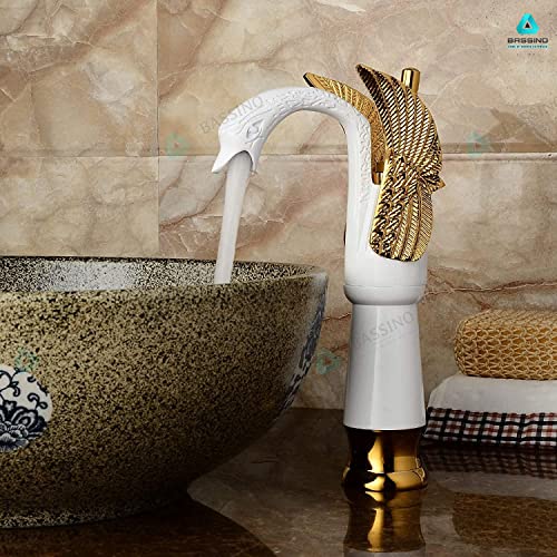 BASSINO Brass Swan Shape Bathroom Sink Wash Basin Mixer Tap Single Handle Hot & Cold Waterfall Lavatory Sink Faucet for Living Room & Bathroom (BTT-2065) (12 INCH,White Gold)