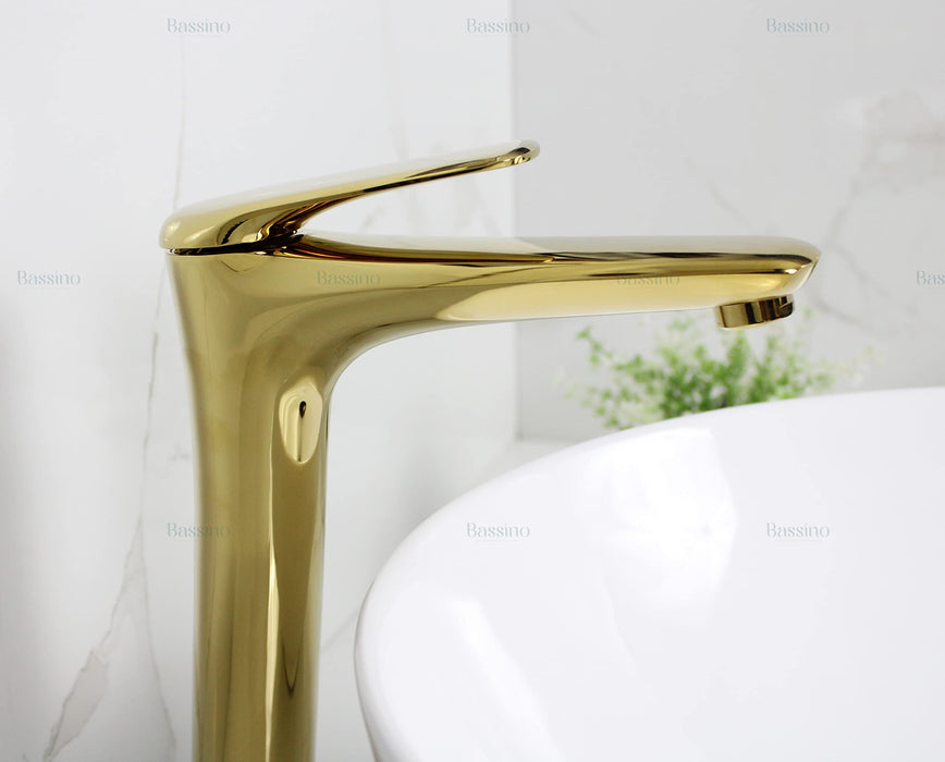 BASSINO Stylish Bathroom Faucet with Single Lever - Waterfall Bathroom Basin Faucet of Brass - Hot and Cold Water Mixer Antique Tap for Bathroom (Gold) BTT-2090