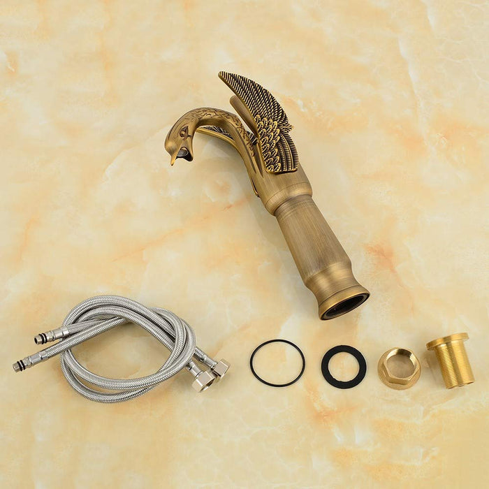 BASSINO Brass Antique Finish Swan Shape Bathroom Sink Wash Basin Mixer Tap Single Handle Hot & Cold Waterfall Lavatory Sink Faucet for Living Room & Bathroom (BTT-2049, 12 INCH)