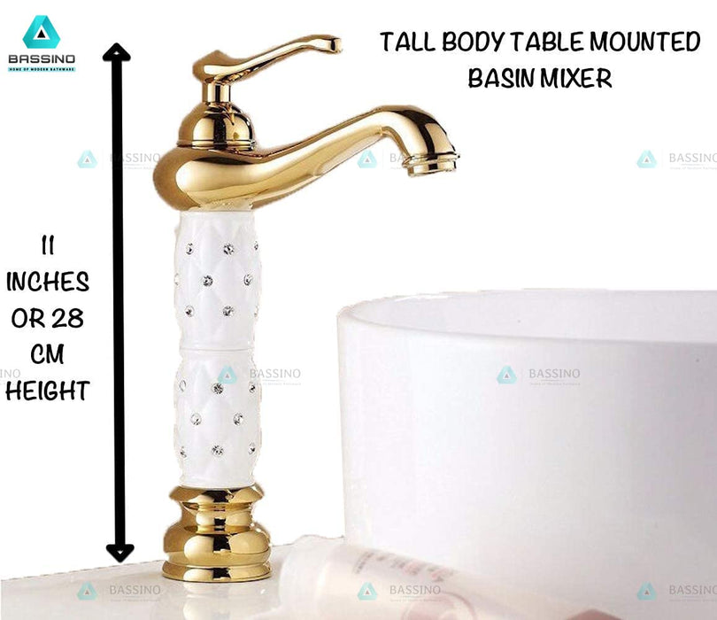 BASSINO Stylish Bathroom Faucet with Single Lever -Bathroom Basin Faucet of Brass - Hot and Cold Water Mixer Tap for Bathroom (Gold) BTT_2012