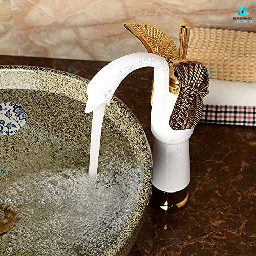 BASSINO Brass Swan Shape Bathroom Sink Wash Basin Mixer Tap Single Handle Hot & Cold Waterfall Lavatory Sink Faucet for Living Room & Bathroom (BTT-2065) (12 INCH,White Gold)