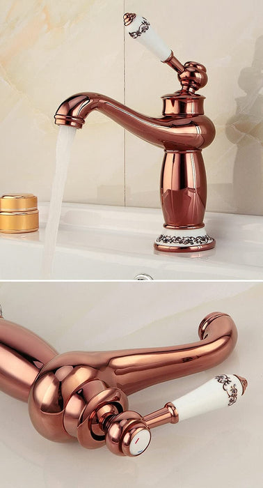 BASSINO Small Size Brass Bathroom Sink Wash Basin Mixer Tap Single Handle Hot & Cold Waterfall Lavatory Sink Faucet for Living Room & Bathrooms (Rose Gold)