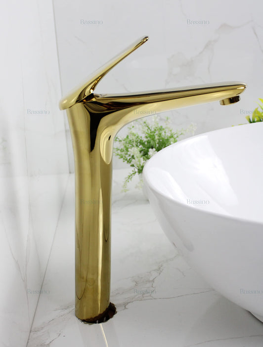 BASSINO Stylish Bathroom Faucet with Single Lever - Waterfall Bathroom Basin Faucet of Brass - Hot and Cold Water Mixer Antique Tap for Bathroom (Gold) BTT-2090