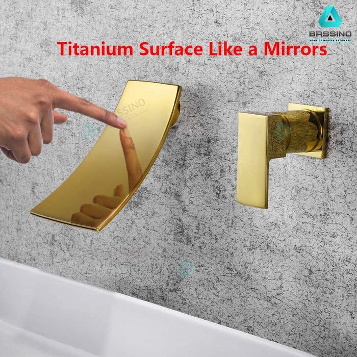 BASSINO Rose Gold Waterfall Faucet Tap Wall Brass Basin Mixer Wall Mixer Sink Mixer Hot and Cold, Rose Gold Colour Faucet Tap (BTT-2069) (Rose Gold)