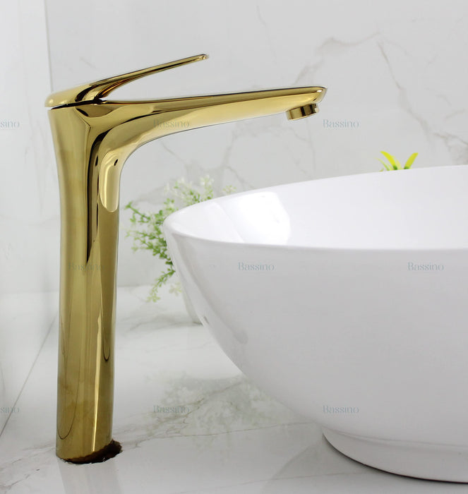 BASSINO Stylish Bathroom Faucet with Single Lever - Waterfall Bathroom Basin Faucet of Brass - Hot and Cold Water Mixer Antique Tap for Bathroom (Gold) BTT-2090