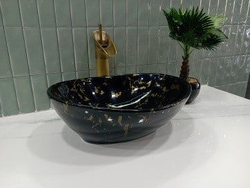 BASSINO  Art Ceramic Tabletop and Bathroom Wash Basin (Size-17*13 inch) (Black-Gold)