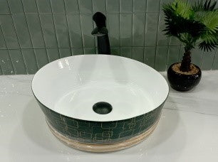 BASSINO  Art Ceramic Tabletop and Bathroom Wash Basin 16x16 green gold