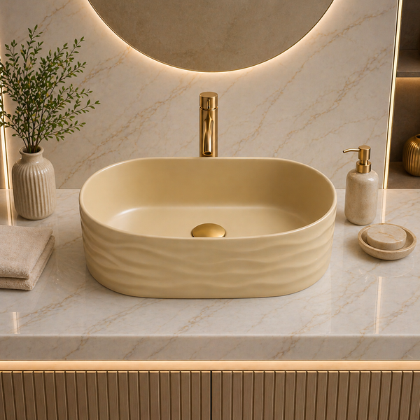 Bassino 20" Beige Wave-Textured Oval Ceramic Countertop Wash Basin – Designer Vessel Sink (20" x 12" x 6")